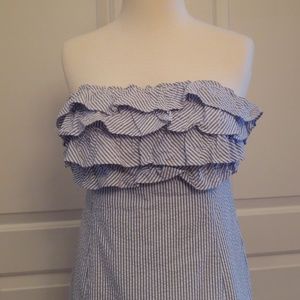 Seersucker Ruffle Strapless Dress